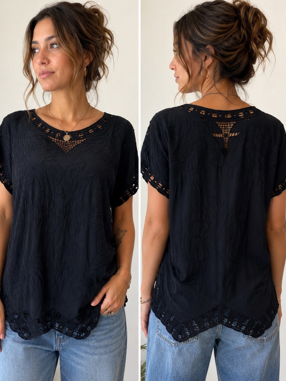 Y2K M.P.H. Collection Black Embroidered Cutwork 100% Rayon boho Top S